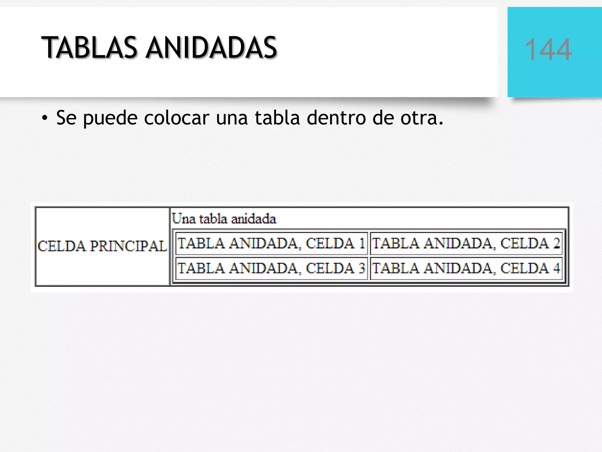 TABLAS ANIDADAS
• Se puede colocar una tabla dentro de otra.

144

 