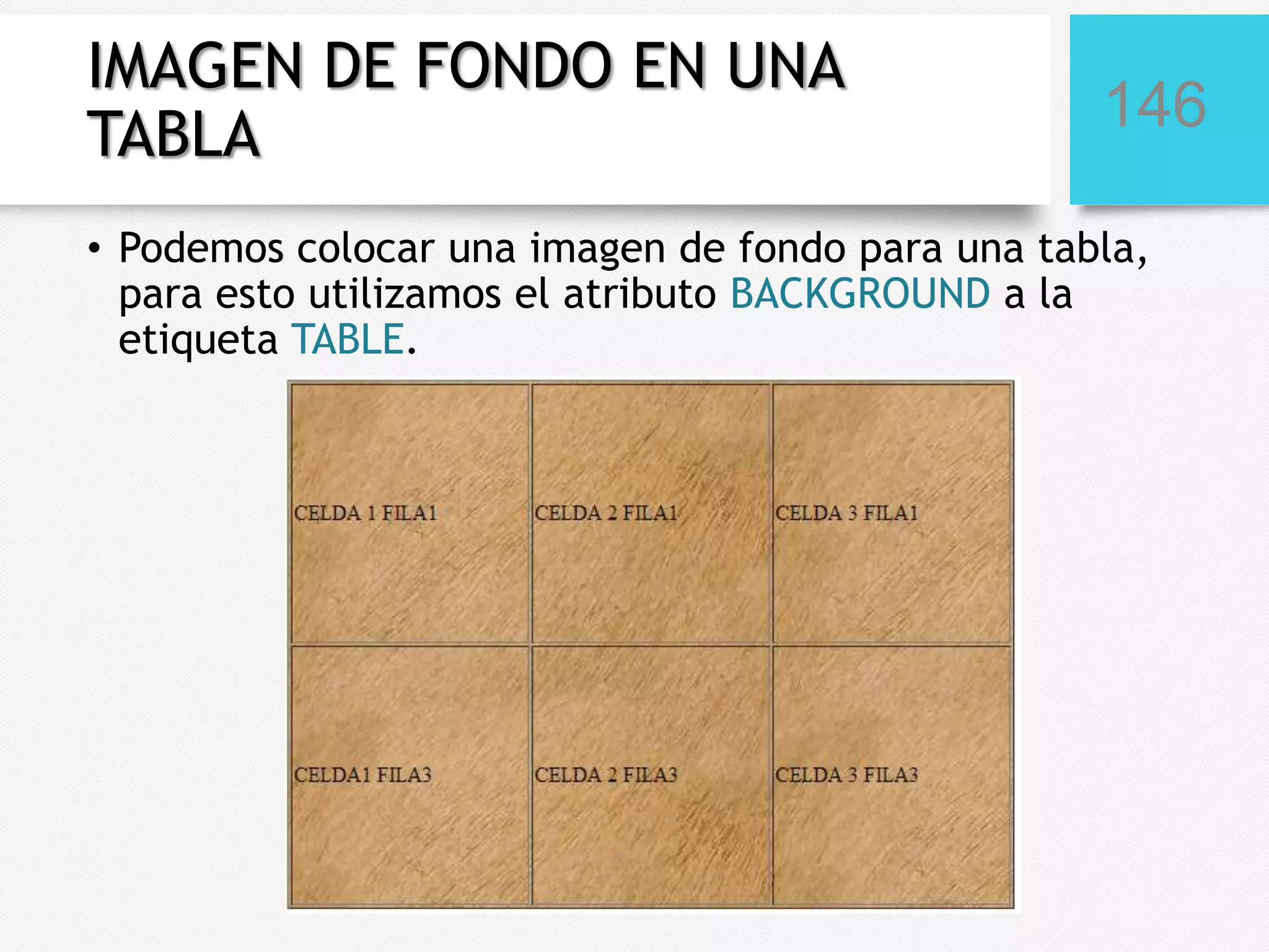 IMAGEN DE FONDO EN UNA
TABLA

146

• Podemos colocar una imagen de fondo para una tabla,
para esto utilizamos el atributo BACKGROUND a la
etiqueta TABLE.

 