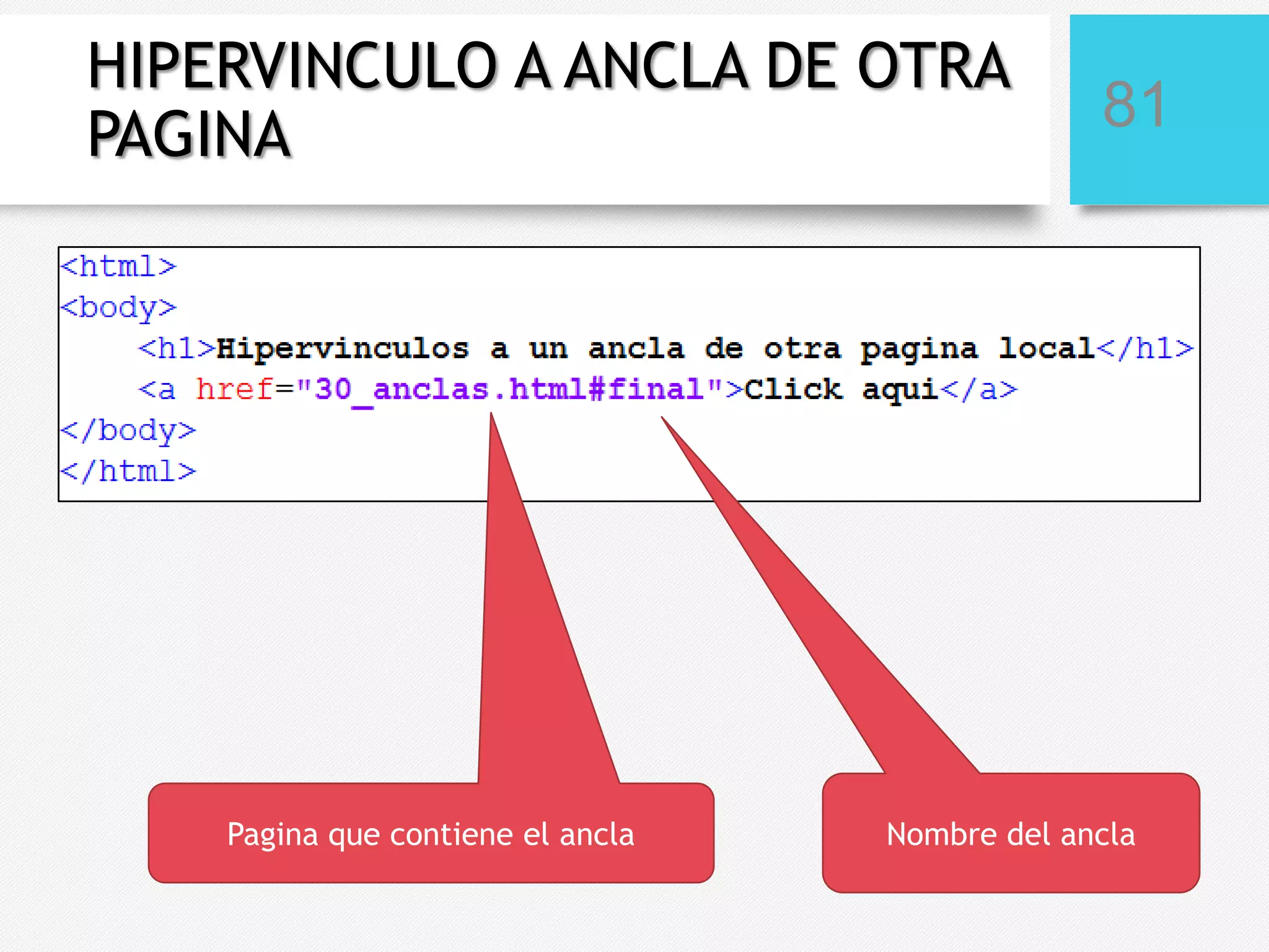 HIPERVINCULO A ANCLA DE OTRA
PAGINA

Pagina que contiene el ancla

81

Nombre del ancla

 
