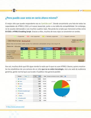 17




¿Pero puedo usar esto en serio ahora mismo?

El mejor sitio que puede responderte eso es CanIUSe.com1. Donde encontrarás una lista de todas las
capacidades de HTML5, CSS3 y el nuevo Javascript, junto a una tabla de compatibilidad. Sin embargo,
no te asustes demasiado si ves muchos cuadros rojos. Recuerda los scripts que mencioné arriba como
IE-CSS3 o HTML5 Enabling Script. Gracias a ellos, muchos de esos rojos se convierten en verdes.




Aun así, muchos dirán que IE6 sigue siendo la razón por la que no usan HTML5. Bueno, quiero mostrar-
les las estadísticas de una semana de un sitio que no es sobre tecnología, sino una web de audiencia
genérica, gente normal que usa la web. El público más general posible:




1 http://www.caniuse.com/
 