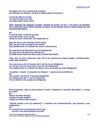 AulaFacil.com
(iu studi a lot, sou iu most pas di exam)
(tu estudias un montón, así que tu debes pasar el examen)
I must be able to do this.
(ai most bi eibl tu du dis)
(yo debo poder hacer esto)
Nota: después de cualquier auxiliar, siempre la acción “to be” y “to have” se escriben
tal y como son en su forma simple, es decir, no se dividen como lo hacen junto con las
personas del sujeto.
Ex:
I must be late, I have to go now.
(ai most bi leit, ai jav to go)
(debo de estar retrazado, me tengo que ir)
She can have a lot of things if she wants.
(shi can jav a lot ov dings if shi wants)
(ella puede tener un montón de cosas si ella quiere)
He must have all the books you are looking for.
(ji most jav ol de buks iu ar luking for)
(él bebe tener todos los libros que tu estas buscando)
They may be here tomorrow (dei mei bi jir tumowrou) (ellos pueden “posiblemente”
estar aquí mañana).
You may have a lot of money, but I can be more intelligent.
(iu mei jav a lot ov moni, bot ai can bi mor inteliyent)
(tú puedes tener un montón de dinero, pero yo puedo ser más inteligente)
“mustnot = mustn´t (mosent) (no beber)” = expresa una prohibicion.
Ex:
You mustn´t go there, it may be dangerous.
(iu mosent gou der, it mei bi denyeros)
(tú no debes ir alli, puede ser peligroso)
Para preguntar, solo se pone primero “must”, después la “persona del sujeto”, y luego
la acción.
Ex:
Must I do these things?
(most ai du des dings?)
(¿debo yo hacer estas cosas?)
“should (shuld o shu..d) (debería)” = expresa una recomendación, una opinión o una
sugerencia.
Ex:
+) I should do my homework every day.
(ai shu..d du mai jomwork evri dei)
Curso más Completo de Inglés (Gramática).
Autor: Omar Ali Caldela. Copyright 2002. www.formaciondigital.tk
119
 