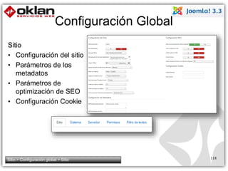 Configuración Global 
Sitio 
• Configuración del sitio 
• Parámetros de los 
metadatos 
• Parámetros de 
optimización de SEO 
• Configuración Cookie 
Sitio > Configuración global > Sitio 118 
 