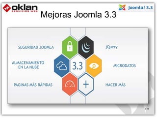 Mejoras Joomla 3.3 
122 
SEGURIDAD JOOMLA 
ALMACENAMIENTO 
EN LA NUBE 
PAGINAS MÁS RÁPIDAS 
jQuery 
MICRODATOS 
HACER MÁS 
 