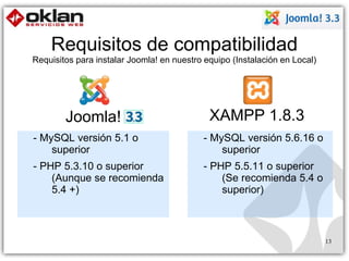 Requisitos de compatibilidad 
Requisitos para instalar Joomla! en nuestro equipo (Instalación en Local) 
Joomla! 
- MySQL versión 5.1 o 
superior 
- PHP 5.3.10 o superior 
(Aunque se recomienda 
5.4 +) 
13 
XAMPP 1.8.3 
- MySQL versión 5.6.16 o 
superior 
- PHP 5.5.11 o superior 
(Se recomienda 5.4 o 
superior) 
 