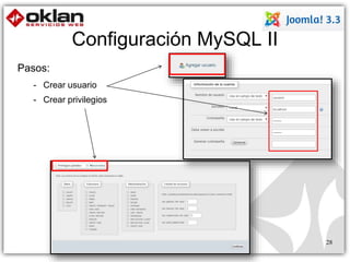 Configuración MySQL II 
28 
Pasos: 
- Crear usuario 
- Crear privilegios 
 