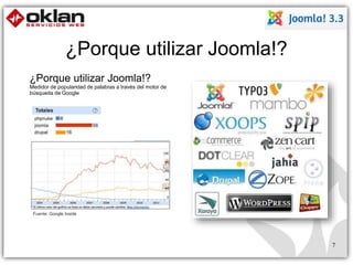¿Porque utilizar Joomla!? 
¿Porque utilizar Joomla!? 
Medidor de popularidad de palabras a través del motor de 
búsqueda de Google 
7 
Fuente: Google Inside 
 