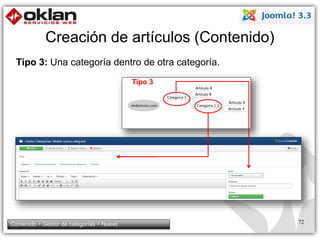 Creación de artículos (Contenido) 
Tipo 3: Una categoría dentro de otra categoría. 
Tipo 3 
Contenido > Gestor de categorías > Nuevo 72 
 