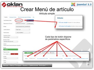 87 
Crear Menú de artículo 
Artículo simple 
Cada tipo de botón dispone 
de parámetros específicos 
Menús > Menú Principal > Nuevo > Seleccionar “Artículos” > … 
 