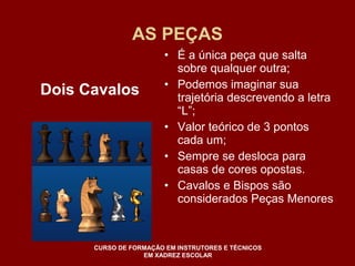 AS PEÇAS 
• É a única peça que salta 
sobre qualquer outra; 
• Podemos imaginar sua 
trajetória descrevendo a letra 
“L”; 
• Valor teórico de 3 pontos 
cada um; 
• Sempre se desloca para 
casas de cores opostas. 
• Cavalos e Bispos são 
considerados Peças Menores 
Dois Cavalos 
CURSO DE FORMAÇÃO EM INSTRUTORES E TÉCNICOS 
EM XADREZ ESCOLAR 
 