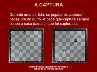 A CAPTURA 
Durante uma partida, os jogadores capturam 
peças um do outro. A peça que captura sempre 
ocupa a casa daquela que foi capturada. 
CURSO DE FORMAÇÃO EM INSTRUTORES E 
TÉCNICOS EM XADREZ ESCOLAR 
 