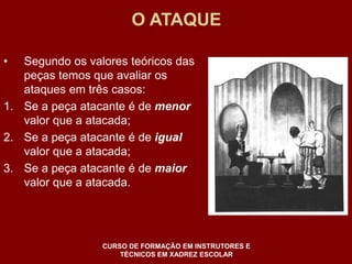O ATAQUE 
• Segundo os valores teóricos das 
peças temos que avaliar os 
ataques em três casos: 
1. Se a peça atacante é de menor 
valor que a atacada; 
2. Se a peça atacante é de igual 
valor que a atacada; 
3. Se a peça atacante é de maior 
valor que a atacada. 
CURSO DE FORMAÇÃO EM INSTRUTORES E 
TÉCNICOS EM XADREZ ESCOLAR 
 