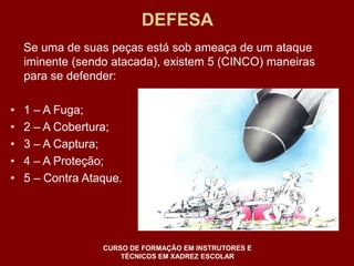 DEFESA 
Se uma de suas peças está sob ameaça de um ataque 
iminente (sendo atacada), existem 5 (CINCO) maneiras 
para se defender: 
• 1 – A Fuga; 
• 2 – A Cobertura; 
• 3 – A Captura; 
• 4 – A Proteção; 
• 5 – Contra Ataque. 
CURSO DE FORMAÇÃO EM INSTRUTORES E 
TÉCNICOS EM XADREZ ESCOLAR 
 