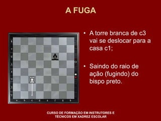A FUGA 
• A torre branca de c3 
vai se deslocar para a 
casa c1; 
• Saindo do raio de 
ação (fugindo) do 
bispo preto. 
CURSO DE FORMAÇÃO EM INSTRUTORES E 
TÉCNICOS EM XADREZ ESCOLAR 
 