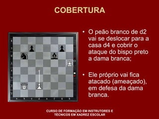 COBERTURA 
• O peão branco de d2 
vai se deslocar para a 
casa d4 e cobrir o 
ataque do bispo preto 
a dama branca; 
• Ele próprio vai fica 
atacado (ameaçado), 
em defesa da dama 
branca. 
CURSO DE FORMAÇÃO EM INSTRUTORES E 
TÉCNICOS EM XADREZ ESCOLAR 
 
