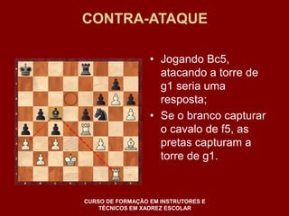 CONTRA-ATAQUE 
• Jogando Bc5, 
atacando a torre de 
g1 seria uma 
resposta; 
• Se o branco capturar 
o cavalo de f5, as 
pretas capturam a 
torre de g1. 
CURSO DE FORMAÇÃO EM INSTRUTORES E 
TÉCNICOS EM XADREZ ESCOLAR 
 