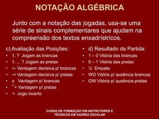NOTAÇÃO ALGÉBRICA 
Junto com a notação das jogadas, usa-se uma 
série de sinais complementares que ajudam na 
compreensão dos textos enxadrístricos. 
c) Avaliação das Posições: 
• 1. ? Jogam as brancas 
• 1. ... ? Jogam as pretas 
• +- Vantagem decisiva p/ brancas 
• -+ Vantagem decisiva p/ pretas 
• ± Vantagem p/ brancas 
• ¯+ Vantagem p/ pretas 
• ∞ Jogo incerto 
• d) Resultado da Partida: 
• 1 – 0 Vitória das brancas 
• 0 – 1 Vitória das pretas 
• ½ Empate 
• WO Vitória p/ ausência brancas 
• OW Vitória p/ ausência pretas 
CURSO DE FORMAÇÃO EM INSTRUTORES E 
TÉCNICOS EM XADREZ ESCOLAR 
 