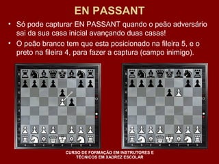 EN PASSANT 
• Só pode capturar EN PASSANT quando o peão adversário 
sai da sua casa inicial avançando duas casas! 
• O peão branco tem que esta posicionado na fileira 5, e o 
preto na fileira 4, para fazer a captura (campo inimigo). 
CURSO DE FORMAÇÃO EM INSTRUTORES E 
TÉCNICOS EM XADREZ ESCOLAR 
 