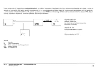 Con la introducción en el mercado de la VITO/VIANO BM 639 se realizó la unión entre el alternador y el cuadro de instrumentos a través de la red de a bordo del
vehículo. La información „DA“, ahora también conocida como „L“, es transmitida desde el SAM al cuadro de instrumentos a través del bus CAN del habitáculo.
A parte, existe en vehículos Diesel la línea DF, que con ayuda de una señal PWM, transmite la carga del alternador al calefactor eléctrico adicional PTC. El cual
controla su potencia calorífica en función de esa señal para no cargar la batería.



                                                                           I-CAN                             VITO/VIANO BM 639
                     D+ (L)
                                                                                                             Estándar hasta 2006
                                                                                                             (las siguientes variantes se encuentran
 G                   DF
                                                                  SAM                   KI                   en páginas sucesivas)

                                                                                                             SPRINTER BM 906
                                                                                                             sólo motores Diesel EU3/Euro3


                                     PTC                                                                     Motores gasolina sin PTC



Leyenda:
G       Alternador
KI      Cuadro de instrumentos
SAM     Módulo de detección de señales y activación
PTC     Calefactor adicional
I-CAN   Bus CAN habitáculo




06/10      Vehículos Industriales Ligeros • Interconexión y redes CAN
           Alternador y regulador                                                                                                                             118
 