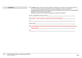 Ejercicio 1                                               Un VIANO (Diesel, cambio manual, año 2005) es arrancado con el motor frío (temperatura exterior -
                                                                     10°C). El conductor enciende una detrás de otra la calefacción al máximo, las luces, el
                                                                     limpiaparabrisas, la calefacción de la luneta trasera y la calefacción de los asientos. La capacidad de
                                                                     utilización del alternador aumenta al 98%.
                                                                     Describa el proceso y el recorrido de la señal D+ (L), así como la señal DF.

                                                                     D+ (L) después de arracar el motor:

                                                                     Alternador – SAM – I-CAN – KI, testigo de control de carga apagado



                                                                     DF (98%):

                                                                     DF (PWM) Señal al PTC, PTC reduce la potencia calorífica hasta que la carga del alternador baje por
                                                                     debajo del 85%.




06/10   Vehículos Industriales Ligeros • Interconexión y redes CAN
        Alternador y regulador                                                                                                                                             121
 