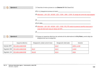 Ejercicio 2                                               Describa el mismo proceso en una SPRINTER BM 906 Diesel EU4.

                                                                     D+ (L) después de arrancar el motor:

                                                                     Alternador – LIN - CDI – M-CAN – EZS – I-CAN – SAM – I-CAN - KI, testigo de control de carga apagado




                                                                     DF (98%):

                                                                     Alternador – LIN - CDI – M-CAN – EZS – I-CAN - PTC, PTC reduce la potencia calorífica hasta que la
                                                                     carga del alternador baje por debajo del 85%




           Ejercicio 3                                               Busque en esquemas eléctricos las variantes de los alternadores de VITO/VIANO y anote abajo las
                                                                     designaciones que se preguntan.


                         Esquema eléctrico                 Designación unidad control motor            Designación alternador                Variante

Estándar MFR      PE15.00-S-2000-99VB                                                               G2/2                           U999 / U150

Regulador BSS     PE15.00-S-2000-99VB                   N3/9                                        G2/5                           U1001

Regulador LIN     PE15.00-S-2000-99VB                   N3/20                                       G2/6                           U924




06/10   Vehículos Industriales Ligeros • Interconexión y redes CAN
        Alternador y regulador                                                                                                                                            122
 