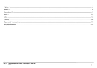 Práctica 2 ........................................................................................................................................................................................................................................ 92
Práctica 3 ........................................................................................................................................................................................................................................ 96
Bus de datos LIN.............................................................................................................................................................................................................................. 98
Bus D2B.......................................................................................................................................................................................................................................... 102
MOST............................................................................................................................................................................................................................................. 103
Gateway......................................................................................................................................................................................................................................... 106
Esquemas de interconexiones ....................................................................................................................................................................................................... 110
Alternador y regulador ................................................................................................................................................................................................................... 116




06/10       Vehículos Industriales Ligeros • Interconexión y redes CAN
            Saludo                                                                                                                                                                                                                            4
 