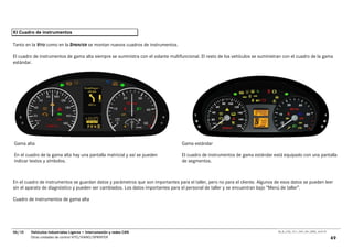 KI Cuadro de instrumentos

Tanto en la VITO como en la SPRINTER se montan nuevos cuadros de instrumentos.

El cuadro de instrumentos de gama alta siempre se suministra con el volante multifuncional. El resto de los vehículos se suministran con el cuadro de la gama
estándar.




Gama alta                                                                         Gama estándar

En el cuadro de la gama alta hay una pantalla matricial y así se pueden           El cuadro de instrumentos de gama estándar está equipado con una pantalla
indicar textos y símbolos.                                                        de segmentos.



En el cuadro de instrumentos se guardan datos y parámetros que son importantes para el taller, pero no para el cliente. Algunos de esos datos se pueden leer
sin el aparato de diagnóstico y pueden ser cambiados. Los datos importantes para el personal de taller y se encuentran bajo “Menú de taller”.

Cuadro de instrumentos de gama alta




06/10   Vehículos Industriales Ligeros • Interconexión y redes CAN                                                                00_Ar_LT25_1511_7457_V01_NTB3_16.07.07

        Otras unidades de control VITO/VIANO/SPRINTER                                                                                                                      49
 