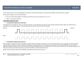 Transmisión de datos por en serie y en paralelo                                                                                                             01.06.2010


A continuación vamos a ver dos posibilidades de transmitir información (mensajes) a través de líneas (cables): transmisión serie y paralelo.
Como avance, debemos conocer estos términos:
    •   Bit: es la unidad más pequeña en el sistema numérico binario (un bit puede ser un O o un 1).
    •   Byte: es un conjunto de 8 bits.
Transmisión de datos en serie
    •   Transmisión de datos serie asíncrona:
La información se transmite bit a bit, con un bit de comienzo y uno de parada para reconocer cada mensaje (conjunto de bits o bytes). EJ comienzo de Ja
transmisión no tiene porque seguir un ciclo determinado, sino que se inicia con el bit de comienzo.
Start bit                                                                                                                                                Stop bit



                                         1             2          3      4   5          6         7         8         9
Clock




    •   Transmisión de datos serie síncrona:
Entre mensaje y mensaje no hay bits de comienzo y parada. Aquí los mensajes se transmiten con un periodo de tiempo cíclico y prefijado. Al mismo tiempo el
receptor debe ser capaz de reconocer cuando ha comenzado un bloque de datos. Para conseguir esto, se dispone de dos procedimientos de sincronización
diferentes. Para ello se utiliza un bit o varios bits de sincronización (mediante el envío de la secuencia 1010), así como un bit de inicio. El reloj del receptor ha de
estar sincronizado a esta misma secuencia, y por tanto hace falta una señal adicional de reloj.
Ejemplo: El bus de datos CAN funciona mediante transmisión serie de manera asíncrona.


06/10       Vehículos Industriales Ligeros • Interconexión y redes CAN                                                                  00_Ar_LT25_1511_7457_V01_NTB3_16.07.07

            Transmisión de datos por en serie y en paralelo                                                                                                                      61
 