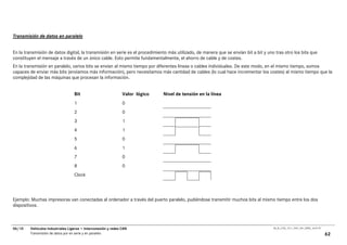 Transmisión de datos en paralelo


En la transmisión de datos digital, la transmisión en serie es el procedimiento más utilizado, de manera que se envían bit a bit y uno tras otro los bits que
constituyen el mensaje a través de un único cable. Esto permite fundamentalmente, el ahorro de cable y de costes.
En la transmisión en paralelo, varios bits se envían al mismo tiempo por diferentes líneas o cables individuales. De este modo, en el mismo tiempo, somos
capaces de enviar más bits (enviamos más información), pero necesitamos más cantidad de cables (lo cual hace incrementar los costes) al mismo tiempo que la
complejidad de las máquinas que procesan la información.


                                   Bit                          Valor lógico   Nivel de tensión en la línea
                                   1                            0
                                   2                            0
                                   3                            1
                                   4                            1
                                   5                            0
                                   6                            1
                                   7                            0
                                   8                            0
                                   Clock




Ejemplo: Muchas impresoras van conectadas al ordenador a través del puerto paralelo, pudiéndose transmitir muchos bits al mismo tiempo entre los dos
dispositivos.



06/10    Vehículos Industriales Ligeros • Interconexión y redes CAN                                                                   00_Ar_LT25_1511_7457_V01_NTB3_16.07.07

         Transmisión de datos por en serie y en paralelo                                                                                                                       62
 