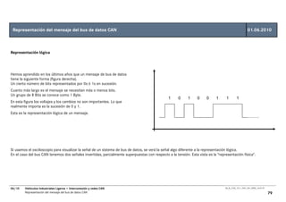 Representación del mensaje del bus de datos CAN                                                                                                       01.06.2010



Representación lógica




Hemos aprendido en los últimos años que un mensaje de bus de datos
tiene la siguiente forma (figura derecha).
Un cierto número de bits representados por 0s ó 1s en sucesión.
Cuanto más largo es el mensaje se necesitan más o menos bits.
Un grupo de 8 Bits se conoce como 1 Byte.
                                                                                               1     0     1     0     0     1     1        1
En esta figura los voltajes y los cambios no son importantes. Lo que
realmente importa es la sucesión de 0 y 1.
Esta es la representación lógica de un mensaje.




Si usamos el osciloscopio para visualizar la señal de un sistema de bus de datos, se verá la señal algo diferente a la representación lógica.
En el caso del bus CAN tenemos dos señales invertidas, parcialmente superpuestas con respecto a la tensión. Esta vista es la "representación física".




06/10   Vehículos Industriales Ligeros • Interconexión y redes CAN                                                                00_Ar_LT25_1511_7457_V01_NTB3_16.07.07

        Representación del mensaje del bus de datos CAN                                                                                                                    79
 