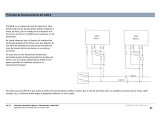 Principio de funcionamiento del CAN B



El CAN-B es un sistema de bus de datos de 2 hilos,
donde cada una de las dos líneas trabaja respecto a
masa, es decir, que no trabaja la una respecto a la
otra como ocurría en el CAN-C para reconocer un bit
dominante.
Se puede observar que no dispone de resistencias
terminales propiamente dichas, sino que dispone de
una serie de resistencias internas que mantiene el
nivel de tensión del bus de datos en sus valores
correctos.
En este caso no son necesarias resistencias
terminales puesto la frecuencia del bus de datos es
menor, con lo cual las reflexiones de señal no son
apenas posibles (el cableado tampoco es
excesivamente largo).




Por tanto, para el CAN—B si que existe el modo de funcionamiento unifilar, es decir, que si una de las líneas tiene un problema (cortocircuito a masa, cable
cortado, etc.) el sistema puede seguir trabajando mediante un único cable.




06/10   Vehículos Industriales Ligeros • Interconexión y redes CAN                                                                  00_Ar_LT25_1511_7457_V01_NTB3_16.07.07

        Representación del mensaje del bus de datos CAN                                                                                                                      83
 