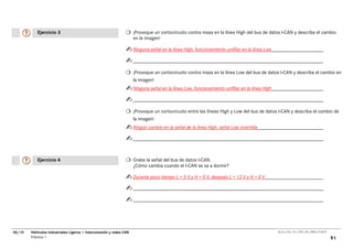 Ejercicio 3                                               ¡Provoque un cortocircuito contra masa en la línea High del bus de datos I-CAN y describa el cambio
                                                                     en la imagen!

                                                                     Ninguna señal en la línea High, funcionamiento unifilar en la línea Low



                                                                     ¡Provoque un cortocircuito contra masa en la línea Low del bus de datos I-CAN y describa el cambio en
                                                                     la imagen!
                                                                     Ninguna señal en la línea Low, funcionamiento unifilar en la línea High



                                                                     ¡Provoque un cortocircuito entre las líneas High y Low del bus de datos I-CAN y describa el cambio de
                                                                     la imagen!
                                                                     Ningún cambio en la señal de la línea High, señal Low invertida




           Ejercicio 4                                               Grabe la señal del bus de datos I-CAN.
                                                                     ¿Cómo cambia cuando el I-CAN se va a dormir?

                                                                     Durante poco tiempo L = 5 V y H = 0 V, después L = 12 V y H = 0 V




06/10   Vehículos Industriales Ligeros • Interconexión y redes CAN                                                                             00_Ar_LT32_1511_7457_V01_NTB3_27.06.07

        Práctica 1                                                                                                                                                                      91
 