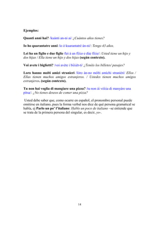 14
Ejemplos:
Quanti anni hai? /kuánti an-ni ai/ ¿Cuántos años tienes?
Io ho quarantatre anni /ío ó kuarantatré án-ni/: Tengo 43 años.
Lei ha un figlio e due figlie /lei á un fíλio e dúe fíλie/: Usted tiene un hijo y
dos hijas / Ella tiene un hijo y dos hijas (según contexto).
Voi avete i biglietti? /voi avéte i biλiét-ti/ ¿Tenéis los billetes/ pasajes?
Loro hanno molti amici stranieri /lóro án-no mólti amíchi straniéri/ Ellos /
Ellas tienen muchos amigos estranjeros. / Ustedes tienen muchos amigos
estranjeros. (según contexto).
Tu non hai voglia di mangiare una pizza? /tu non ái vóλia di manyáre una
pítsa/: ¿No tienes deseos de comer una pizza?
Usted debe saber que, como ocurre en español, el pronombre personal puede
omitirse en italiano, pues la forma verbal nos dice de qué persona gramatical se
habla, ej Parlo un po’ l’italiano: Hablo un poco de italiano –se entiende que
se trata de la primera persona del singular, es decir, yo-.
 