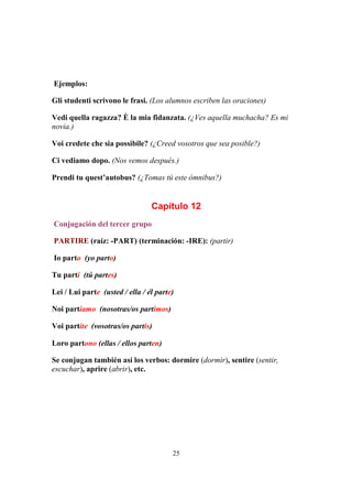 25
Ejemplos:
Gli studenti scrivono le frasi. (Los alumnos escriben las oraciones)
Vedi quella ragazza? È la mia fidanzata. (¿Ves aquella muchacha? Es mi
novia.)
Voi credete che sia possibile? (¿Creed vosotros que sea posible?)
Ci vediamo dopo. (Nos vemos después.)
Prendi tu quest’autobus? (¿Tomas tú este ómnibus?)
Capítulo 12
Conjugación del tercer grupo
PARTIRE (raíz: -PART) (terminación: -IRE): (partir)
Io parto (yo parto)
Tu parti (tú partes)
Lei / Lui parte (usted / ella / él parte)
Noi partiamo (nosotras/os partimos)
Voi partite (vosotras/os partís)
Loro partono (ellas / ellos parten)
Se conjugan también así los verbos: dormire (dormir), sentire (sentir,
escuchar), aprire (abrir), etc.
 