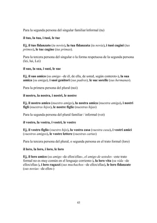 43
Para la segunda persona del singular familiar/informal (tu)
il tuo, la tua, i tuoi, le tue
Ej, il tuo fidanzato (tu novio), la tua fidanzata (tu novia), i tuoi cugini (tus
primos), le tue cugine (tus primas).
Para la tercera persona del singular o la forma respetuosa de la segunda persona
(lei, lui, Lei)
il suo, la sua, i suoi, le sue
Ej, il suo amico (su amigo –de él, de ella, de usted, según contexto-), la sua
amica (su amiga), i suoi genitori (sus padres), le sue sorelle (sus hermanas).
Para la primera persona del plural (noi)
il nostro, la nostra, i nostri, le nostre
Ej, il nostro amico (nuestro amigo), la nostra amica (nuestra amiga), i nostri
figli (nuestros hijos), le nostre figlie (nuestras hijas)
Para la segunda persona del plural familiar / informal (voi)
il vostro, la vostra, i vostri, le vostre
Ej, il vostro figlio (vuestro hijo), la vostra casa (vuestra casa), i vostri amici
(vuestros amigos), le vostre lettere (vuestras cartas)
Para la tercera persona del plural, o segunda persona en el trato formal (loro)
il loro, la loro, i loro, le loro
Ej, il loro amico (su amigo -de ellos/ellas-, el amigo de ustedes –este trato
formal no es muy común en el lenguaje corriente-), la loro vita (su vida –de
ellos/ellas-), i loro ragazzi (sus muchachos –de ellos/ellas), le loro fidanzate
(sus novias –de ellos-)
 