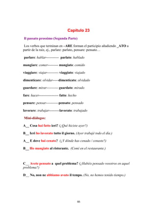 46
Capítulo 23
Il passato prossimo (Segunda Parte)
Los verbos que terminan en –ARE forman el participio añadiendo _ATO a
partir de la raíz, ej., parlare: parlato, pensare: pensato…
parlare: hablar----------- parlato: hablado
mangiare: comer--------- mangiato: comido
viaggiare: viajar---------- viaggiato: viajado
dimenticare: olvidar-----dimenticato: olvidado
guardare: mirar---------- guardato: mirado
fare: hacer----------------- fatto: hecho
pensare: pensar-----------pensato: pensado
lavorare: trabajar---------lavorato: trabajado
Mini-diálogos:
A__ Cosa hai fatto ieri? (¿Qué hiciste ayer?)
B__ Ieri ho lavorato tutto il giorno. (Ayer trabajé todo el día.)
A__ E dove hai cenato? (¿Y dónde has cenado / cenaste?)
B__ Ho mangiato al ristorante. (Comí en el restaurante.)
C__ Avete pensato a quel problema? (¿Habéis pensado vosotros en aquel
problema?)
D__ No, non ne abbiamo avuto il tempo. (No, no hemos tenido tiempo.)
 