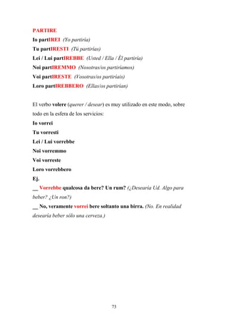 73
PARTIRE
Io partIREI (Yo partiría)
Tu partIRESTI (Tú partirías)
Lei / Lui partIREBBE (Usted / Ella / Él partiría)
Noi partIREMMO (Nosotras/os partiríamos)
Voi partIRESTE (Vosotras/os partiríais)
Loro partIREBBERO (Ellas/os partirían)
El verbo volere (querer / desear) es muy utilizado en este modo, sobre
todo en la esfera de los servicios:
Io vorrei
Tu vorresti
Lei / Lui vorrebbe
Noi vorremmo
Voi vorreste
Loro vorrebbero
Ej.
__ Vorrebbe qualcosa da bere? Un rum? (¿Desearía Ud. Algo para
beber? ¿Un ron?)
__ No, veramente vorrei bere soltanto una birra. (No. En realidad
desearía beber sólo una cerveza.)
 