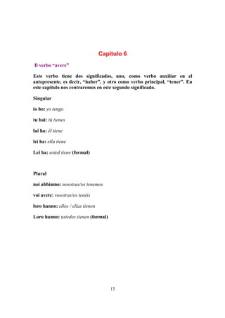 13
Capítulo 6
Il verbo “avere”
Este verbo tiene dos significados, uno, como verbo auxiliar en el
antepresente, es decir, “haber”, y otro como verbo principal, “tener”. En
este capítulo nos centraremos en este segundo significado.
Singular
io ho: yo tengo
tu hai: tú tienes
lui ha: él tiene
lei ha: ella tiene
Lei ha: usted tiene (formal)
Plural
noi abbiamo: nosotras/os tenemos
voi avete: vosotras/os tenéis
loro hanno: ellos / ellas tienen
Loro hanno: ustedes tienen (formal)
 