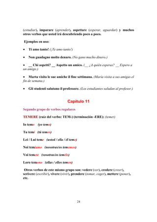 24
(estudiar), imparare (aprender), aspettare (esperar, aguardar) y muchos
otros verbos que usted irá descubriendo poco a poco.
Ejemplos en uso:
• Ti amo tanto! (¡Te amo tanto!)
• Non guadagno molto denaro. (No gano mucho dinero.)
• __ Chi aspetti? __ Aspetto un amico. (__ ¿A quién esperas? __ Espero a
un amigo.)
• Marta visita le sue amiche il fine settimana. (María visita a sus amigas el
fin de semana.)
• Gli studenti salutano il professore. (Los estudiantes saludan al profesor.)
Capítulo 11
Segundo grupo de verbos regulares
TEMERE (raíz del verbo: TEM-) (terminación -ERE): (temer)
Io temo (yo temo)
Tu temi (tú temes)
Lei / Lui teme (usted / ella / él teme)
Noi temiamo (nosotras/os tememos)
Voi temete (vosotras/os teméis)
Loro temono (ellas / ellos temen)
Otros verbos de este mismo grupo son: vedere (ver), credere (creer),
scrivere (escribir), vivere (vivir), prendere (tomar, coger), mettere (poner),
etc.
 