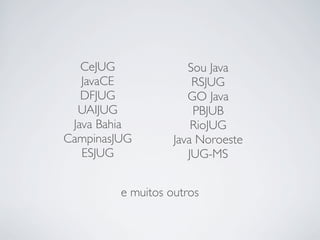 CeJUG
JavaCE
DFJUG
UAIJUG
Java Bahia
CampinasJUG
ESJUG

Sou Java
RSJUG
GO Java
PBJUB
RioJUG
Java Noroeste
JUG-MS

e muitos outros

 