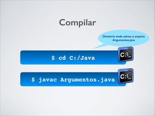 Compilar
Diretório onde salvou o arquivo
Argumentos.java

$ cd C:/Java!

$ javac Argumentos.java!

 