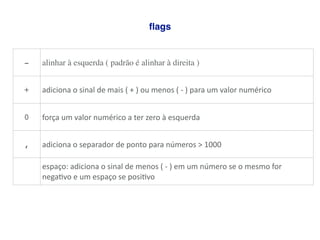ﬂags
- alinhar à esquerda ( padrão é alinhar à direita )
+ adiciona	
  o	
  sinal	
  de	
  mais	
  (	
  +	
  )	
  ou	
  menos	
  (	
  -­‐	
  )	
  para	
  um	
  valor	
  numérico
0 força	
  um	
  valor	
  numérico	
  a	
  ter	
  zero	
  à	
  esquerda
, adiciona	
  o	
  separador	
  de	
  ponto	
  para	
  números	
  >	
  1000
espaço:	
  adiciona	
  o	
  sinal	
  de	
  menos	
  (	
  -­‐	
  )	
  em	
  um	
  número	
  se	
  o	
  mesmo	
  for	
  
negaAvo	
  e	
  um	
  espaço	
  se	
  posiAvo
 