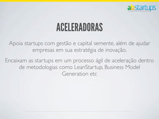 ACELERADORAS
Apoia startups com gestão e capital semente, além de ajudar
empresas em sua estratégia de inovação.
Encaixam as startups em um processo ágil de aceleração dentro
de metodologias como LeanStartup, Business Model
Generation etc
 