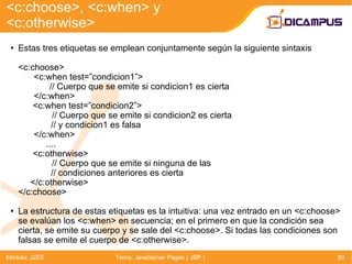 Estas tres etiquetas se emplean conjuntamente según la siguiente sintaxis <c:choose> <c:when test=”condicion1”> // Cuerpo que se emite si condicion1 es cierta </c:when>   <c:when test=”condicion2”>   // Cuerpo que se emite si condicion2 es cierta   // y condicion1 es falsa </c:when>   ....   <c:otherwise>   // Cuerpo que se emite si ninguna de las   // condiciones anteriores es cierta   </c:otherwise> </c:choose> La estructura de estas etiquetas es la intuitiva: una vez entrado en un <c:choose> se evalúan los <c:when> en secuencia; en el primero en que la condición sea  cierta, se emite su cuerpo y se sale del <c:choose>. Si todas las condiciones son falsas se emite el cuerpo de <c:otherwise>. <c:choose>, <c:when> y  <c:otherwise> Módulo: J2EE Tema: JavaServer Pages ( JSP ) 