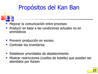 Propósitos del Kan Ban Mejorar la comunicación entre procesos Producir en base a las condiciones actuales no en pronósticos Prevenir producción en exceso Controlar los inventarios Establecer prioridades de abastecimiento Mostrar restricciones (cuellos de botella) que puedan ser atendidos por Kaizen 