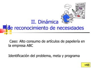II. Dinámica  de reconocimiento de necesidades Caso: Alto consumo de artículos de papelería en la empresa ABC Identificación del problema, meta y programa  