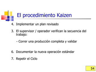 4.  Implementar un plan revisado El supervisor / operador verifican la secuencia del trabajo: - Correr una producción completa y validar 6.  Documentar la nueva operación estándar 7.  Repetir el Ciclo El procedimiento Kaizen 