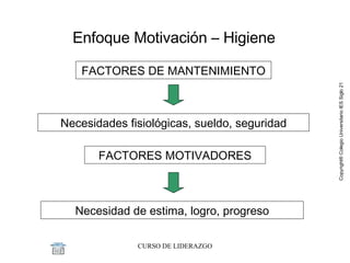Enfoque Motivación – Higiene  FACTORES DE MANTENIMIENTO Necesidades fisiológicas, sueldo, seguridad FACTORES MOTIVADORES Necesidad de estima, logro, progreso 