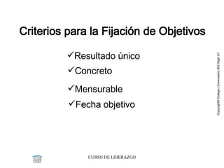 Criterios para la Fijación de Objetivos Resultado único Concreto Mensurable Fecha objetivo 