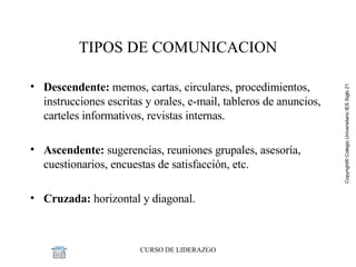 TIPOS DE COMUNICACION Descendente:  memos, cartas, circulares, procedimientos, instrucciones escritas y orales, e-mail, tableros de anuncios, carteles informativos, revistas internas. Ascendente:  sugerencias, reuniones grupales, asesoría, cuestionarios, encuestas de satisfacción, etc. Cruzada:  horizontal y diagonal. 