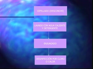 CEPILLADO (DESCONCHE) LAVADO CON AGUA CALIENTE Y DETERGENTE ENJUAGADO DESINFECCIÓN POR CLORO O CALOR 